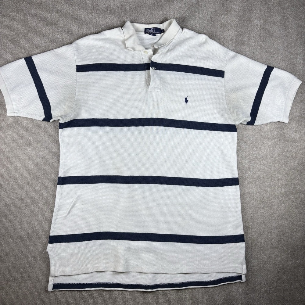 Polo Ralph Lauren Polo Shirt XL White Blue Striped 100% Cotton Classic Fit